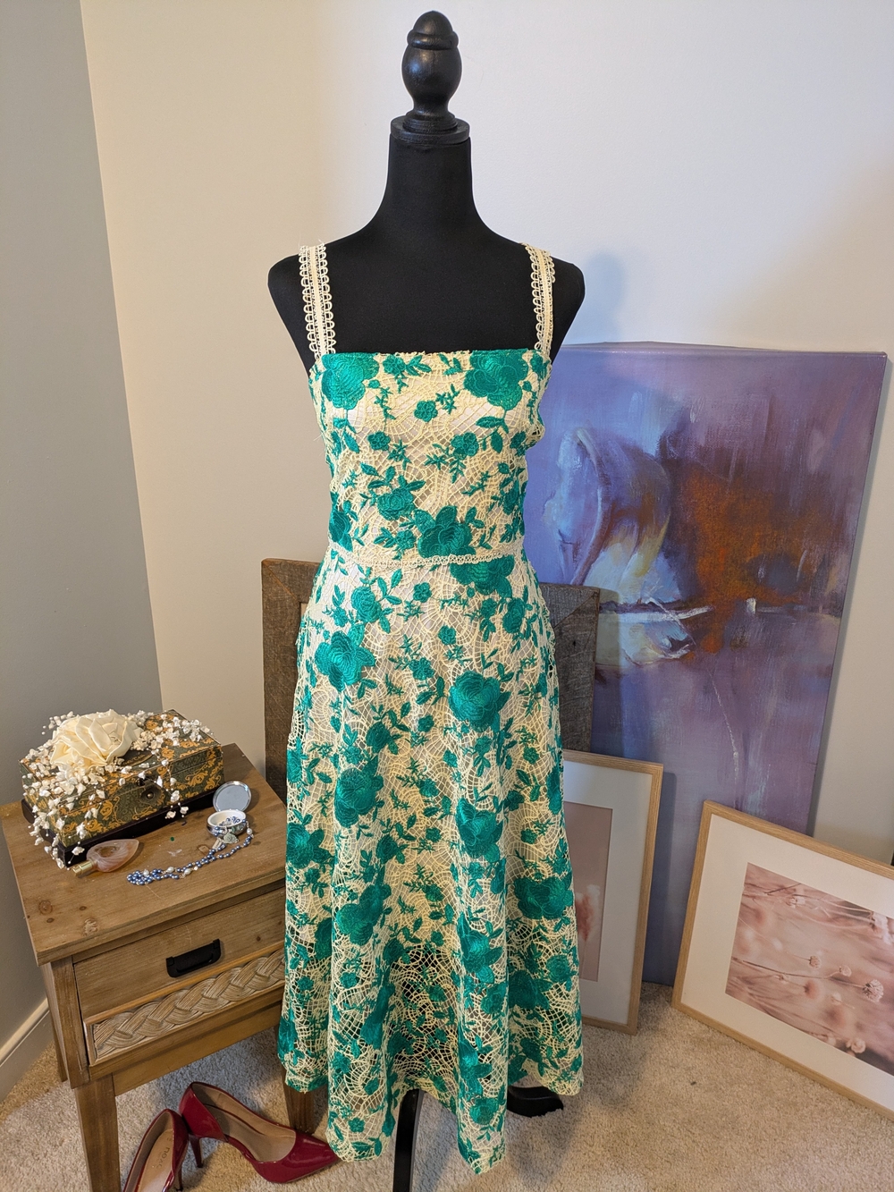 Alex Marie "Sandra" Square Neck Crochet Lace Midi A-Line Dress Size 10